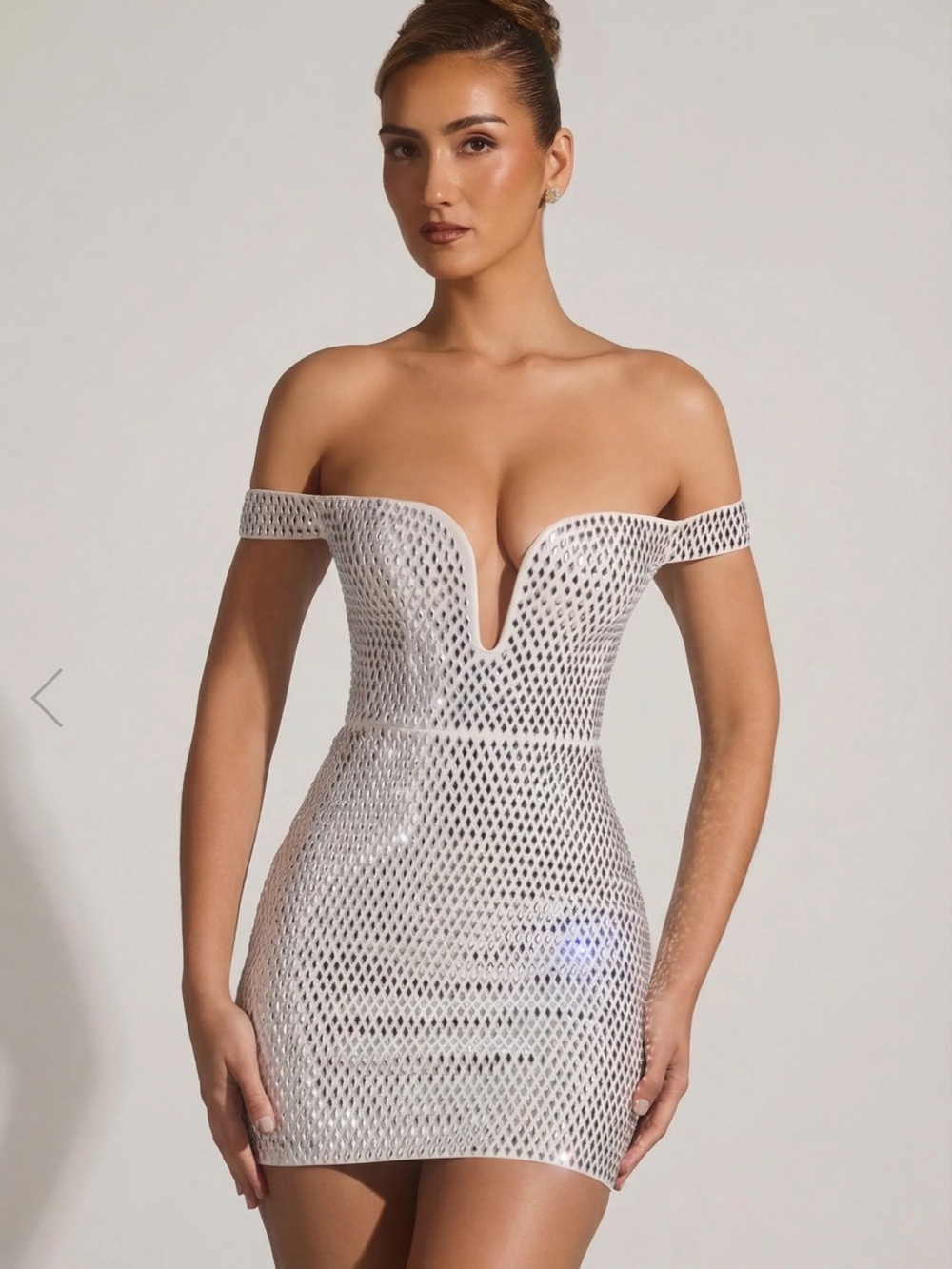 Oh Polly Lenora Silver Off-Shoulder Plunge Mesh Mini Dress